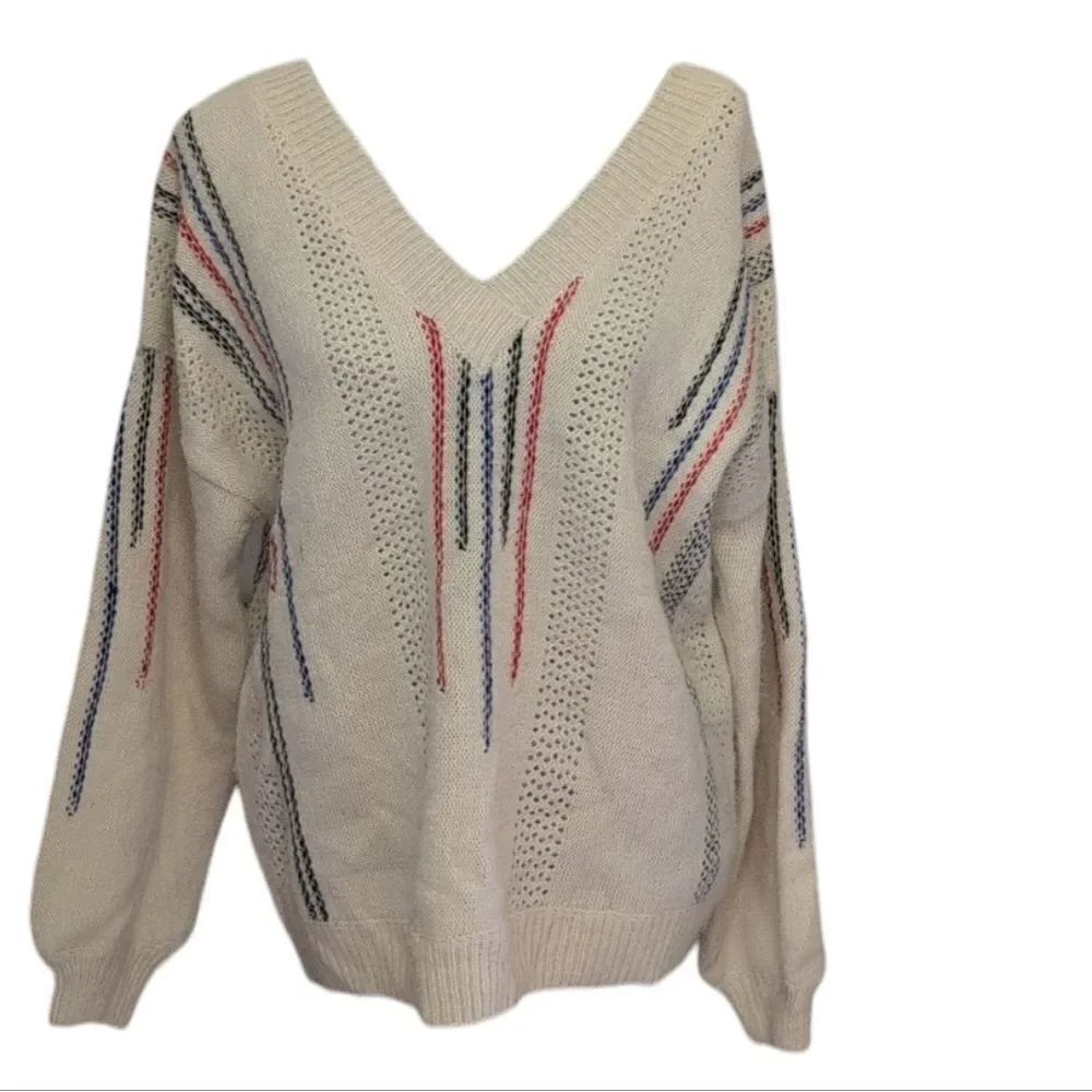 POL V Neck Pullover Sweater Cream Red White Blue Fuzzy Fluffy Size M